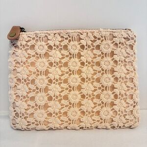 MONOPRIX Femme Lace & Blue Stripe Zipper Top Cosmetic Makeup Bag